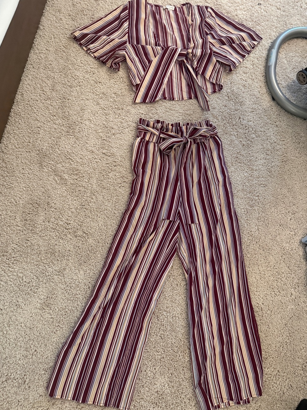 Moon River Burgundy & Cream Striped Wide-Leg Jumpsuit